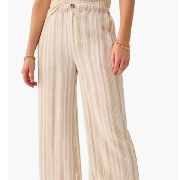 Faherty Pants - Faherty Monterey Linen Wide Leg Pants Tan Stripe Elastic Waist - M